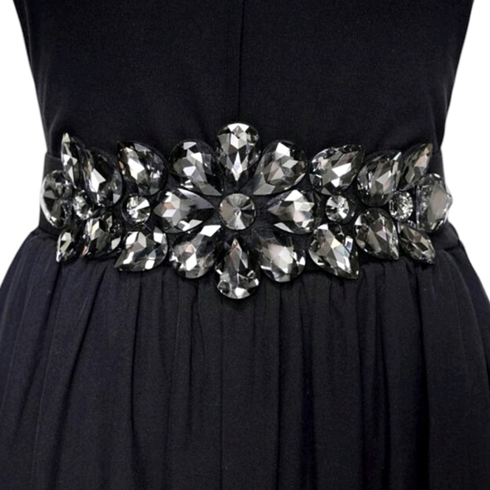 Black Gemstone Floral Design Stretchy Belt - Picture 1 of 3